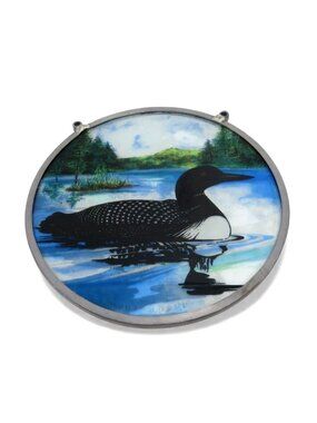 Loon Bird Suncatcher Round Stained Glass in Lead Frame 6.5" Vintage